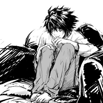 1boy absurdres bags_under_eyes commentary_request death_note greyscale hair_between_eyes highres knees_to_chest knees_up l_(death_note) long_sleeves male_focus monochrome short_hair simple_background sitting solo thumb_to_mouth wakana_kuraguchi white_background