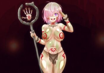 breasts brown_loincloth commentary_request corruption dirty drooling fate/grand_order fate_(series) female_pubic_hair guro hair_over_one_eye heart heart-shaped_pupils highres jewelry large_breasts loincloth mash_kyrielight messy_hair mind_control necklace nipple_piercing nipples ogawa_shou open_mouth piercing pink_hair pubic_hair pubic_tattoo saliva symbol-shaped_pupils tattoo tooth_necklace tribal tribal_tattoo
