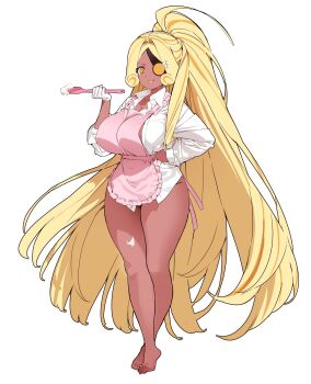 1girl @_@ apron bad_id bad_twitter_id barefoot blonde_hair breasts collared_jacket cookie_run cookie_run:_ovenbreak cream cream_on_body cream_on_clothes curly_sidelocks dark-skinned_female dark_skin eyepatch frilled_apron frills full_body gloves high_ponytail highres holding holding_spatula humanization jacket large_breasts long_hair long_sleeves looking_at_viewer multicolored_hair ohta_guk_hip one_eye_covered orange_eyes pink_apron ponytail sidelocks simple_background single_glove smile solo spatula standing streaked_hair timekeeper_cookie toes very_long_hair white_background white_gloves white_jacket