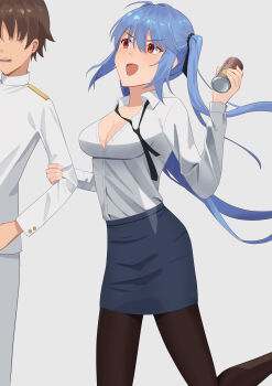 Rule 34 | absurdres, ahoge, azur lane, black ribbon, blush, breasts, brown hair, can, cleavage, commander (azur lane), commentary request, dress, essex (azur lane), essex (crossbones especial) (azur lane), hair ribbon, highres, holding, holding another's arm, holding can, large breasts, military uniform, necktie, official alternate costume, open mouth, pantyhose, pencil skirt, purple hair, ribbon, satuki 518, shirt, sidelocks, skirt, twintails, white shirt, yellow eyes