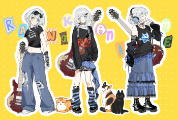 1girl :&lt; animal animal_print ankle_boots bang_dream! bang_dream!_it&#039;s_mygo!!!!! bare_shoulders black_boots black_cat black_choker black_shirt black_sweater black_tank_top blue_eyes blue_pants blue_skirt boots calico_(pattern) cat cat_print character_name choker closed_eyes closed_mouth commentary_request cross cross-laced_clothes cross_choker denim detached_sleeves ear_piercing electric_guitar english_text eyewear_on_head full_body grey_hair guitar hair_ornament hairclip head_tilt headphones heterochromia highres instrument kaname_raana lace lace-trimmed_skirt lace_trim layered_skirt leg_warmers long_skirt long_sleeves looking_at_viewer midriff miniskirt multiple_views navel o-ring o-ring_choker open_mouth outline pants piercing pleated_skirt polka_dot polka_dot_background raana_the_cat shirt shoes short_hair short_sleeves skirt sleeves_past_wrists smile spiked_choker spikes standing star_(symbol) star_print sunglasses sweater tank_top torn_clothes torn_pants unmoving_pattern white_shoes x_hair_ornament yawning yayako_(804907150) yellow_background yellow_eyes