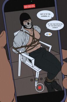 2boys bara bare_pectorals black_pants bonjourdraws bound bound_ankles bound_arms call_of_duty call_of_duty:_modern_warfare_2 collared_shirt english_text ghost_(modern_warfare_2) highres holding holding_phone large_pectorals male_focus mask multiple_boys muscular muscular_male navel nipples open_clothes open_shirt pants pectorals phone restrained rope shirt skull_mask soap_(modern_warfare_2) white_shirt yaoi