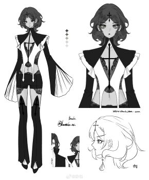 1girl absurdres artist_name artist_self-insert black_shirt black_shorts black_shrug braid braided_bangs chinese_commentary collared_shrug commentary_request cross_hair_ornament dated flat_chest full_body green_eyes hair_ornament highres lace_shirt lipstick long_sleeves looking_at_viewer lunaticotat makeup medium_hair mole mole_above_eye mole_under_eye mole_under_mouth multiple_views original parted_bangs profile reference_sheet shirt shoes shorts shrug_(clothing) simple_background sleeves_past_fingers sleeves_past_wrists spot_color standing straight-on tan thighhighs watermark weibo_watermark white_background white_shirt