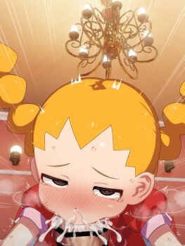 1boy 1girl bar_censor blonde_hair blush braid brown_eyes censored cum cum_in_mouth cum_overflow ear_blush fellatio hands_on_another's_head hetero highres irrumatio large_variant_set loli mega_man_(series) mega_man_battle_network_(series) mizumizuni oral penis solo_focus sweat tears twin_braids variant_set visible_air wide-eyed yai_ayanokoji_(mega_man)