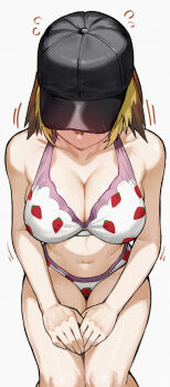 1girl absurdres alternate_breast_size_(larger) baseball_cap bikini black_hat blonde_hair blush breasts brown_hair cleavage covered_eyes cowboy_shot embarrassed fate/grand_order fate_(series) flying_sweatdrops food_print from_above fruit_print gareth_(fate) gareth_(swimsuit_saber)_(fate) gareth_(swimsuit_saber)_(second_ascension)_(fate) hands_on_own_thighs hat highres kamisato_sora large_breasts multicolored_hair pink_bikini strawberry_print swimsuit white_bikini