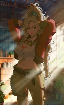 1girl arms_behind_head arms_up asymmetrical_bangs asymmetrical_hair backlighting belt blonde_hair blue_eyes braid breasts cropped_shirt gemma_(monster_hunter_wilds) goggles goggles_around_neck green_pants high_ponytail highres jacket large_breasts long_hair midriff monster_hunter_(series) monster_hunter_wilds navel pants ponytail r3dfive red_jacket shirt smile solo thighs white_shirt