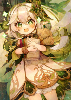 1girl bloomers book bracelet cape commentary_request cowboy_shot dress excited flower-shaped_pupils genshin_impact gold_trim gradient_hair green_cape green_eyes green_hair grey_hair hair_ornament happy highres holding holding_book holding_map holding_paper indoors jewelry looking_at_viewer map multicolored_hair nahida_(genshin_impact) paper paper_stack pointy_ears shelf side_ponytail solo symbol-shaped_pupils tgf_pic underwear white_bloomers white_dress
