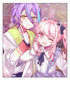 1boy 1other :3 ;d akiyama_mizuki black_bow black_ribbon blue_hair blue_skirt blurry blurry_background border bow center_frills chinese_commentary clenched_hand closed_mouth collared_shirt commentary_request day drawn_ears drawn_whiskers drill_hair drill_sidelocks finger_to_cheek frills hair_between_eyes hair_bow hand_on_another&#039;s_shoulder hand_up high_side_ponytail highres index_finger_raised jacket kamishiro_rui lamppost laylayhappy long_sleeves multicolored_hair neck_ribbon one_eye_closed open_clothes open_jacket open_mouth outdoors pink_eyes pink_hair project_sekai puffy_long_sleeves puffy_sleeves purple_hair ribbon shirt side_ponytail sidelocks skirt smile sparkle standing streaked_hair suspender_skirt suspenders swept_bangs tree two-tone_hair upper_body white_border white_jacket white_shirt yellow_eyes