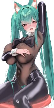 1girl :d absurdres animal_ear_fluff animal_ears aqua_hair arm_behind_head armpits black_bow blush bow breasts brown_leotard chair collar detached_collar hair_between_eyes hair_over_shoulder heart_maebari highres huge_breasts krabking large_bow latex latex_legwear latex_sleeves leotard long_hair looking_at_viewer maebari navel on_chair open_mouth original red_eyes see-through_clothes see-through_leotard sidelocks sitting smile solo sweatdrop twintails white_collar