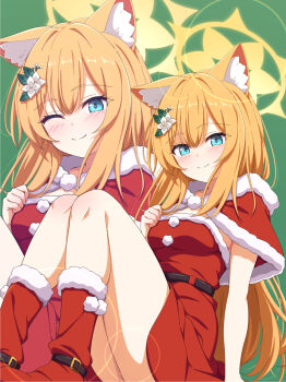 1girl ;) alternate_costume animal_ear_fluff animal_ears blue_archive boots capelet christmas closed_mouth commentary_request green_background halo highres kame_(nokonoko10271) legs long_hair looking_at_viewer mari_(blue_archive) one_eye_closed orange_hair red_boots red_capelet red_skirt santa_costume simple_background skirt smile solo yellow_halo zoom_layer