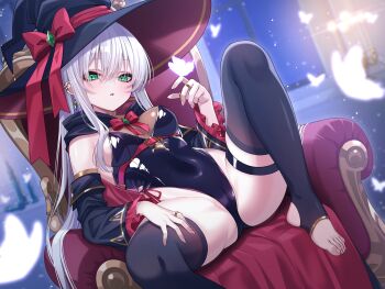 1girl :o black_leotard black_thighhighs breasts bug butterfly butterfly_on_hand cameltoe chair covered_navel detached_sleeves ear_piercing earrings feet fukemachi green_eyes grey_hair hair_between_eyes hat hat_ribbon highres indoors insect jewelry knee_up leotard long_hair looking_at_viewer medium_breasts open_mouth original piercing red_ribbon ribbon ring sidelocks solo spread_legs thigh_strap thighhighs thighs toes window witch witch_hat