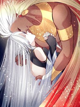 Rule 34 | 2boys, abs, aqua nails, armlet, backless shirt, bare shoulders, black background, black gloves, black shirt, blonde hair, closed eyes, closed mouth, coin earrings, colored eyelashes, commentary request, dagger, dark-skinned male, dark skin, earrings, expressionless, face-to-face, facing another, facing down, fingerless gloves, gloves, gold armlet, gold bracer, gold earrings, grabbing another's hair, gradient hair, hair slicked back, hand on another's back, height difference, highres, holding, holding another's hair, holding dagger, holding knife, holding weapon, hug, jewelry, knife, long hair, looking at another, looking up, male focus, multicolored hair, multiple boys, nail polish, ohitsuji ei, pale skin, parted lips, profile, ra (ohitsuji ei), red hair, saika no kami wa negawanai, shirt, size difference, sleeveless, sleeveless shirt, smile, standing, thoth (ohitsuji ei), toned, toned male, topless male, usekh collar, very long hair, weapon, white eyelashes, white hair, yaoi, yellow nails