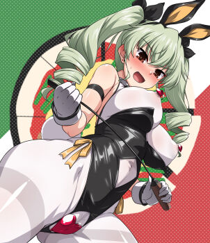 alternate_costume anchovy_(girls_und_panzer) animal_ears black_ribbon bodysuit breasts cleavage clothing_cutout commentary_request commission covered_erect_nipples covered_navel drill_hair girls_und_panzer gloves green_hair heart_pasties highres navel_cutout open_mouth pasties playboy_bunny pussy_cutout rabbit_ears red_eyes ribbon skeb_commission skin_tight twin_drills whip white_gloves yoshi_tama