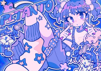 >_< 1girl :o absurdres artist_name artist_self-insert belt belt_buckle blue_background blue_belt blue_eyes blue_hair blue_skirt blush_stickers buckle chest_belt chibi chibi_inset commentary_request crying denim denim_skirt eyelashes fingers_to_cheeks frilled_skirt frills full_body fur_cuffs hair_ornament hairclip high-waist_skirt highres looking_at_viewer midriff miniskirt multiple_views open_mouth original outline pitanto pom_pom_(clothes) pom_pom_hair_ornament shirt shoes short_hair short_sleeves short_twintails simple_background sitting skirt sneakers star_(symbol) star_hair_ornament star_print streaming_tears sweatdrop t-shirt tears triangle_mouth twintails white_outline white_shirt white_shoes white_sleeves white_wrist_cuffs wrist_cuffs