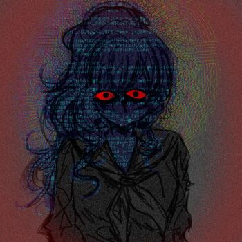 Rule 34 | 1girl, black eyes, black hair, black sailor collar, black shirt, carmen (project moon), chest bow, colored sclera, commentary, english commentary, gladiolus k, glitch art, high ponytail, highres, horror (theme), lobotomy corporation, looking at viewer, messy hair, ponytail, project moon, red sclera, sailor collar, shirt, sidelocks