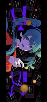 1girl absurdres aqua_eyes aqua_hair black_background black_ribbon candy colored_mouth crt dress english_text food hair_ornament hatsune_miku highres hiragana kotoha_shiki lollipop long_hair looking_at_viewer crt psi_(vocaloid) red_dress ribbon sideways static television vocaloid