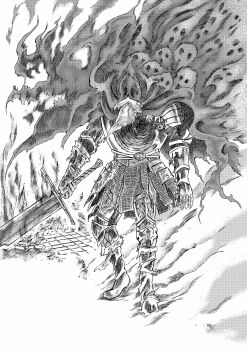 1boy 913kousatu absurdres armor armored_boots beard boots breastplate cape chainmail commentary_request dark_souls_(series) dark_souls_iii facial_hair faulds full_body gauntlets greyscale highres holding holding_sword holding_weapon hood hood_up knight male_focus monochrome slave_knight_gael solo standing sword torn_cape torn_clothes weapon