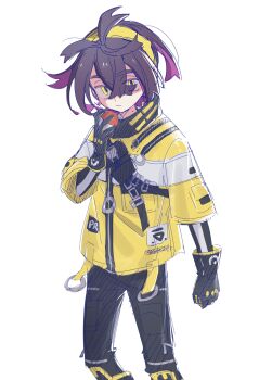 Rule 34 | 1boy, :/, akya (ajwg4227), black gloves, black hair, black pants, colored inner hair, commentary request, crossed bangs, gloves, hair between eyes, hairband, highres, holding, holding poke ball, jacket, kieran (pokemon), looking at viewer, male focus, mole, mole on neck, multicolored hair, nintendo, pants, partially shaded face, poke ball, poke ball (basic), pokemon, pokemon sv, purple hair, short sleeves, sketch, solo, turtleneck, turtleneck jacket, two-tone hair, undershirt, white background, yellow hairband, yellow jacket, zipper, zipper pull tab