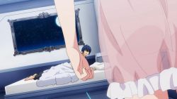 1boy 1girl animated anime_screenshot ass babydoll back bed blue_eyes blue_hair blunt_bangs blush bouncing_breasts breasts collarbone completely_nude convenient_leg door dressing groin hetero highres hime_cut huge_ass huge_breasts kiss large_breasts lingerie long_hair looking_at_another looking_at_viewer lying mizuhara_reito mole mole_under_eye navel nipples no_bra nude on_bed opening_door pink_babydoll purple_hair shirt shuumatsu_no_harem sound stomach straddling suou_mira thigh_straddling thighs underwear undressing video white_shirt