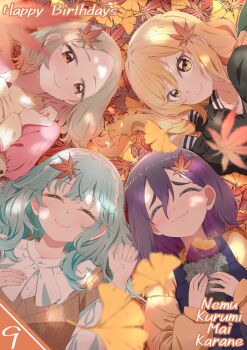 4girls ^_^ aqua_hair autumn_leaves blonde_hair blurry blurry_foreground character_name closed_eyes commentary eating facing_viewer falling_leaves food from_above grey_hair hair_between_eyes hairband happy_birthday haraga_kurumi highres holding holding_food inda_karane kimi_no_koto_ga_dai_dai_dai_dai_daisuki_na_100-nin_no_kanojo leaf long_hair long_sleeves looking_at_viewer lying maple_leaf meido_mai multiple_girls nanraka nemui_nemu on_ground orange_eyes parted_bangs roasted_sweet_potato short_hair smile sweet_potato yellow_eyes
