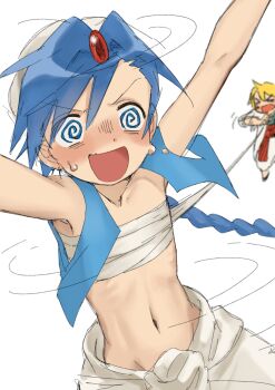 2boys @_@ absurdres aladdin_(magi) alibaba_saluja arabian_clothes arms_up bandaged_chest blue_hair braid braided_ponytail commentary_request cropped_vest forehead_jewel harem_pants highres long_hair magi_the_labyrinth_of_magic male_focus multiple_boys navel open_mouth pants sanmenkyou single_braid solo_focus vest white_background