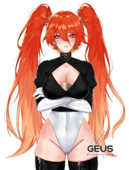 1girl augusta_(wuthering_waves) blush breasts cleavage cleavage_cutout clothing_cutout collar crossed_arms earrings geus_(just_geus) gloves highres jewelry large_breasts leotard lipstick long_hair looking_at_viewer makeup orange_hair red_eyes shiny_skin thighhighs twintails wuthering_waves