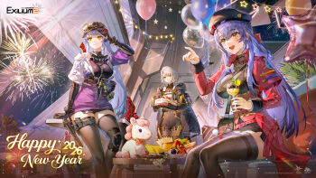 3girls balloon beret black_hat black_jacket black_shorts black_thighhighs blue_hair closed_mouth commentary cup english_commentary fireworks food girls'_frontline girls'_frontline_2:_exilium green_eyes hat highres hk416_(girls'_frontline) holding holding_cup indoors jacket klukai_(girls'_frontline_2) lewis_(girls'_frontline) long_sleeves medium_hair multiple_girls official_art open_mouth pudding purple_hair purple_skirt red_jacket shorts sitting skirt smile standing star_balloon stuffed_animal stuffed_toy thighhighs vector_(girls'_frontline) vector_(girls'_frontline_2) yellow_eyes