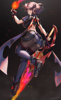 1girl absurdres aegis_sword_(xenoblade) alternate_color armor ass black_gloves bob_cut breasts chest_jewel dark_persona earrings fingerless_gloves fire floating_earrings gem gloves gonzarez headpiece highres jewelry large_breasts looking_at_viewer nintendo pantyhose pantyhose_under_shorts pyra_(xenoblade) pyrokinesis short_hair short_shorts shorts smile solo super_smash_bros. swept_bangs thighhighs tiara xenoblade_chronicles_(series) xenoblade_chronicles_2