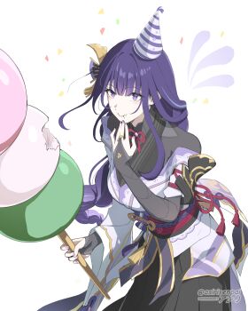 1girl absurdres asiri_senpai birthday black_bridal_gauntlets black_shirt black_skirt braid breasts bridal_gauntlets commentary confetti dango eating food genshin_impact hair_ornament hand_up hat highres holding holding_food japanese_clothes kimono large_breasts low-braided_long_hair low-tied_long_hair mole mole_under_eye nail_polish oversized_food oversized_object party_hat pink_nails purple_eyes purple_hair purple_kimono raiden_shogun sanshoku_dango shirt simple_background skirt solo twitter_username wagashi white_background