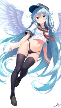 1girl absurdres black_panties black_sailor_collar black_thighhighs blue_eyes blue_hair breasts commentary_request feathered_wings flat_cap hair_between_eyes hat hibiki_(kancolle) highres kantai_collection loafers long_hair navel neckerchief panties red_neckerchief sailor_collar school_uniform serafuku shoes short_sleeves small_breasts solo takuma_(takumo7121) thighhighs underwear very_long_hair white_wings wings