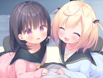 1boy 2girls :3 :d ^_^ bat_hair_ornament black_hair blonde_hair blue_cardigan blush braid bulge cardigan closed_eyes erection erection_under_clothes game_cg hair_ornament hat hetero kazari_(mainichi_kiss_shite_lolita) large_variant_set looking_at_viewer mainichi_kiss_shite_lolita mihato_(mainichi_kiss_shite_lolita) multiple_girls non-web_source open_mouth pink_cardigan pink_eyes piyodera_mucha pov sailor_collar side_braid smile sweatdrop two_side_up usashiro_mani variant_set