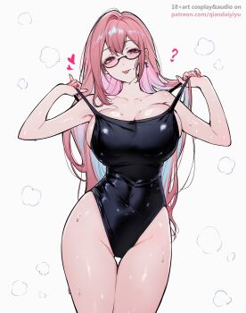 Rule 34 | 1girl, ?, absurdres, alternate costume, black swim trunks, breasts, collarbone, earrings, glasses, heart, highres, jewelry, large breasts, long hair, one-piece swimsuit, pink hair, pulling own clothes, qiandaiyiyu, solo, sweat, swimsuit, thigh gap, tongue, tongue out, tsukishiro yanagi, white background, zenless zone zero
