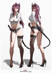 Rule 34 | 1girl, arknights, ascalon (arknights), belt, black footwear, black panties, black thighhighs, blush, breasts, cleavage, collared shirt, commentary request, dated, full body, hair intakes, high heels, highres, horns, kneepits, large breasts, linea alba, long hair, multiple views, navel, panties, pointy ears, purple eyes, purple hair, shirt, shoes, simple background, single thighhigh, standing, tail, thigh belt, thigh strap, thighhighs, torn clothes, torn panties, torn thighhighs, undersized clothes, underwear, white background, white shirt, yat (tsmn7245)