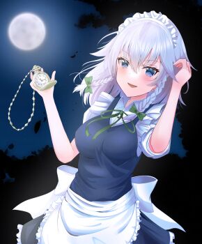 Rule 34 | 1girl, apron, back bow, blue eyes, blush, bow, braid, breasts, collared shirt, commentary request, full moon, green bow, green ribbon, grey hair, hair bow, highres, holding, holding pocket watch, izayoi sakuya, long hair, looking at viewer, maid, maid headdress, moon, neck ribbon, night, open mouth, outdoors, pocket watch, ribbon, ringo002, shirt, sky, smile, solo, touhou, twin braids, waist apron, watch, white apron, white bow, white shirt