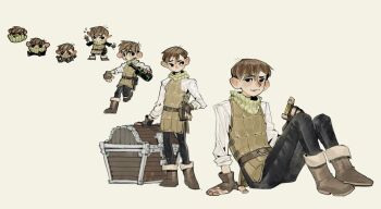 1boy age_progression arm_support baby belt black_pants boots bottle brown_belt brown_boots brown_gloves brown_hair brown_vest chilchuck_tims child closed_mouth coin commentary dungeon_meshi english_commentary fingerless_gloves full_body gloves hand_on_ground highres holding holding_bottle holding_coin knees_up lock looking_at_viewer looking_to_the_side multiple_views padlock pants scarf shirt short_hair simple_background sitting squarecloud7310 standing standing_on_one_leg striped_clothes striped_scarf treasure_chest vest white_background white_shirt