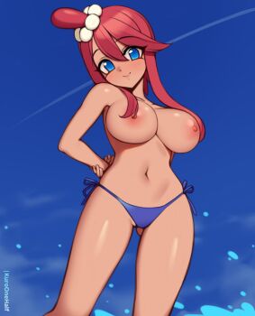 1girl arms_behind_back bikini bikini_bottom_only blue_bikini blue_eyes blush breasts cloud collarbone contrail hair_bun hair_ornament kuroonehalf large_breasts looking_at_viewer navel nintendo nipples ocean pokemon pokemon_bw red_hair side-tie_bikini_bottom side_bun sidelocks sky skyla_(pokemon) smile standing swimsuit topless_female water