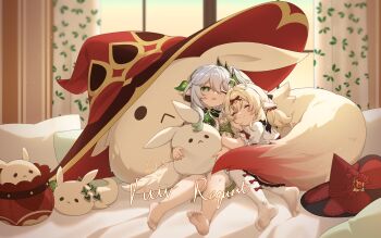 2girls ^_^ absurdres alice_(genshin_impact) barefoot blonde_hair bow closed_eyes closed_mouth commentary commission dodoco_(genshin_impact) genshin_impact gradient_hair green_eyes green_hair hair_between_eyes hair_ornament hat hat_bow highres holding indoors jumpy_dumpty klee_(blossoming_starlight)_(genshin_impact) klee_(genshin_impact) leaf_hair_ornament long_hair luyue multicolored_hair multiple_girls nahida_(genshin_impact) no_shoes official_alternate_costume open_mouth pantyhose pixiv_commission pointy_ears pyro_symbol_(genshin_impact) red_bow red_hat saliva signature smile star-shaped_pupils star_(symbol) symbol-shaped_pupils toes unworn_hat unworn_headwear vision_(genshin_impact) white_hair white_pantyhose witch_hat