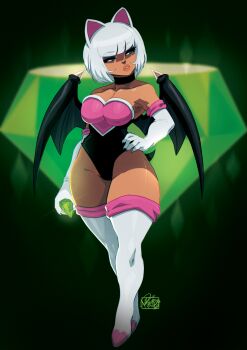 1girl absurdres animal_ears bat_ears bat_girl bat_tail bat_wings blue_eyeshadow breasts chaos_emerald cleavage elbow_gloves eyeshadow gloves green_eyes highres makeup rouge_the_bat sega solo sonic_(series) tail tovio_rogers white_gloves white_hair wings