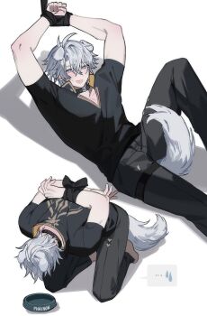 ... 1boy animal_ears arms_behind_back arms_up barefoot belt black_choker black_pants black_shirt blue_eyes blush bound bound_wrists bowl choker commentary dog_boy dog_ears dog_tail hair_between_eyes highres honkai:_star_rail honkai_(series) kemonomimi_mode kneeling lying male_focus multiple_views on_back open_collar open_mouth pants pet_bowl phainon_(honkai:_star_rail) pin3909 shirt short_sleeves simple_background speech_bubble spoken_ellipsis sweat symbol-only_commentary tail thigh_belt thigh_strap triangle_mouth white_background white_hair