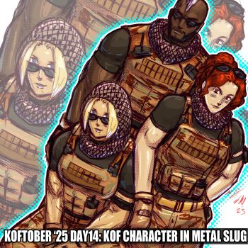 2girls blonde_hair blue_eyes bow breasts camouflage dark-skinned_male dark_skin glasses gloves large_breasts looking_at_viewer medium_hair military multiple_girls red_bow seth seth_(kof) sunglasses taurence_bell the_king_of_fighters thick_thighs thighs vanessa_(kof)