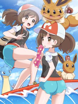 1girl absurdres aqua_shorts ass backpack bag baseball_cap black_shirt blush brown_eyes brown_hair diglett eevee elaine_(pokemon) gen_1_pokemon hat highres holding lapras long_hair nintendo on_head open_mouth pokemoa pokemon pokemon_(creature) pokemon_lgpe pokemon_on_head ponytail red_hat shirt shoes short_sleeves shorts smile surfboard surfing water waves wet