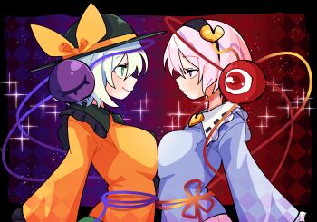 2girls blue_shirt blush breast_press breasts expressionless from_side gram_9 green_eyes green_hair green_skirt hairband hat highres komeiji_koishi komeiji_satori long_sleeves looking_at_another medium_breasts medium_hair multiple_girls pink_eyes pink_hair pink_skirt shirt short_hair siblings skirt smile symmetrical_docking third_eye touhou yellow_shirt