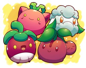 :d aquabluu bounsweet brown_eyes cherubi closed_mouth commentary cottonee creature english_commentary full_body gen_2_pokemon gen_4_pokemon gen_5_pokemon gen_7_pokemon highres hoppip nintendo no_humans open_mouth orange_eyes pokemon pokemon_(creature) smile yellow_background yellow_eyes