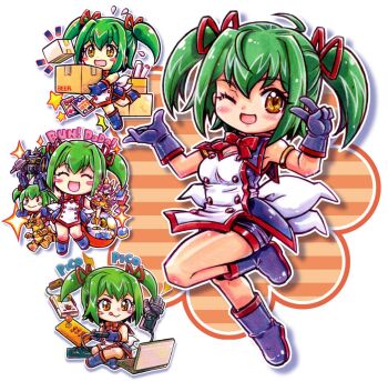 1girl :q ;d ^_^ ahoge apron arcade_stick armlet back_bow beep-chan beep_(retailer) blue_boots blue_dress blue_gloves blue_shorts boots bow bowtie box cardboard_box cat character_doll chibi closed_eyes closed_mouth clumsy commentary computer controller doll dress famicom figure game_console game_controller gashapon gloves gold_armlet green_hair hair_ribbon hands_up highres holding holding_box holding_controller holding_game_controller holding_toy indian_style jewelry joystick kokomahi laptop leg_up lightning_bolt_symbol looking_at_screen looking_at_viewer mascot model_kit multiple_views official_art one_eye_closed open_mouth pc_engine playing_games power_glove_(nintendo) red_bow red_bowtie red_ribbon ribbon short_dress short_hair shorts shorts_under_dress sitting smile sparkle standing star_(symbol) tongue tongue_out toy trading_card tripping twintails v white_apron white_bow yellow_eyes