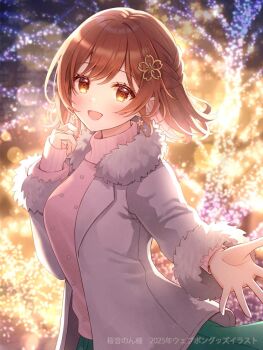 1girl :d brown_eyes brown_hair character_request coat commentary_request copyright_request earrings flower_earrings from_side fur-trimmed_coat fur_trim grey_coat hand_up jewelry layered_sleeves long_sleeves looking_at_viewer looking_to_the_side medium_hair night open_mouth outdoors outstretched_arm pink_sweater reaching reaching_towards_viewer serino_itsuki smile solo sweater turning_head turtleneck turtleneck_sweater upper_body watermark