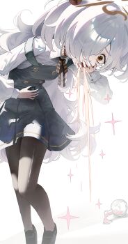 1girl absurdres achib black_dress black_pantyhose black_shoes blue_archive bottle brown_halo brown_ribbon collared_shirt dress hair_bobbles hair_ornament hair_over_one_eye halo hand_on_own_stomach highres kanoe_(blue_archive) long_hair neck_ribbon open_mouth orange_eyes pantyhose ribbon scar scar_on_neck shirt shoes simple_background solo tears two_side_up vomit vomiting white_background white_hair white_shirt