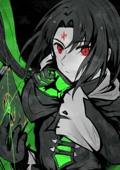 1boy black_hair book closed_mouth commentary_request facial_mark fire_emblem fire_emblem:_path_of_radiance fire_emblem_heroes forehead_mark highres holding holding_book long_hair looking_at_viewer male_focus mochi88543 nintendo official_alternate_costume red_eyes solo soren_(fire_emblem) soren_(resplendent)_(fire_emblem)