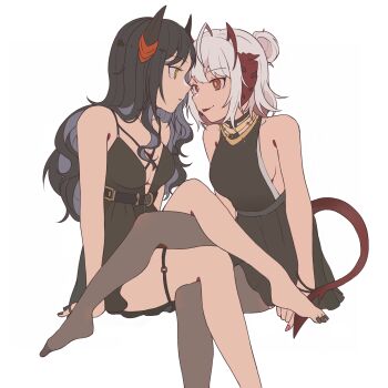 2girls absurdres ahoge ambience_synesthesia antenna_hair arknights bare_shoulders belt belt_buckle black_belt black_dress black_hair black_nails black_shirt black_skirt breasts bright_pupils brown_pantyhose buckle chest_belt chinese_commentary cleavage commentary_request dress eye_contact face-to-face grey_hair highres ines_(arknights) ines_(melodic_flutter)_(arknights) long_hair looking_at_another medium_breasts multicolored_hair multiple_girls nail_polish o-ring o-ring_thigh_strap official_alternate_costume orange_eyes outline pantyhose parted_lips red_tail shirt short_hair sideboob simple_background skirt sleeveless sleeveless_shirt smile softtoast spaghetti_strap streaked_hair tail thigh_strap toenail_polish toenails transparent_background w_(arknights) white_outline white_pupils yellow_eyes yuri