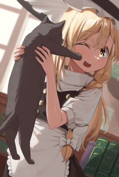 1girl absurdres animal apron black_cat black_skirt black_vest blonde_hair blush book cat fang hair_between_eyes hair_ribbon hat highres holding holding_animal holding_cat indoors kirisame_marisa long_hair mayosizu one_eye_closed parted_lips ribbon shirt short_sleeves skirt smile touhou turtleneck turtleneck_shirt vest white_shirt window witch_hat yellow_eyes