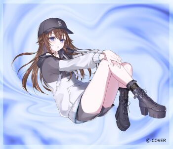 Rule 34 | 1girl, absurdres, baseball cap, black choker, black hat, black hoodie, black shorts, blue eyes, boots, brown hair, choker, commentary request, copyright name, full body, hair flaps, hat, high heel boots, high heels, highres, hololive, hood, hoodie, lace-up boots, long hair, long sleeves, looking at viewer, miya kyouhei, o-ring, o-ring choker, official alternate costume, official art, parted lips, platform boots, short shorts, shorts, solo, tokino sora, tokino sora (dj hoodie), two-tone hoodie, virtual youtuber, white hoodie